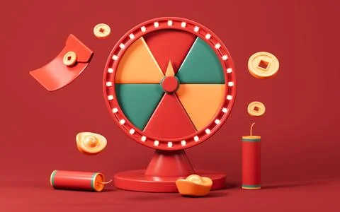 Spinning fortune wheel with red envelopes, gold coins, gold ingots and so o.. Stock Illustration