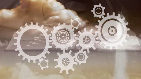 Spinning gears and cogs against cloudy sky in animated background Stock Footage 303441733