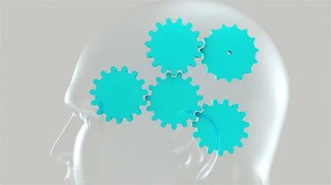 Spinning gears inside a head. 3d rendering of the thought process. Compute... Stock Photos
