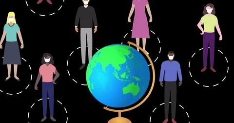 Spinning globe against multiple people wearing face mask icons on black 스톡 일러스트