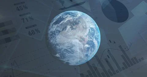 Spinning globe against statistical data processing in background Stock Photos