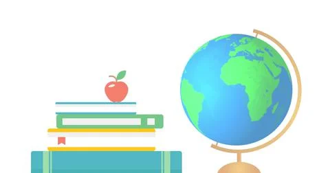 Spinning globe and apple on stack of books against white background 스톡 일러스트