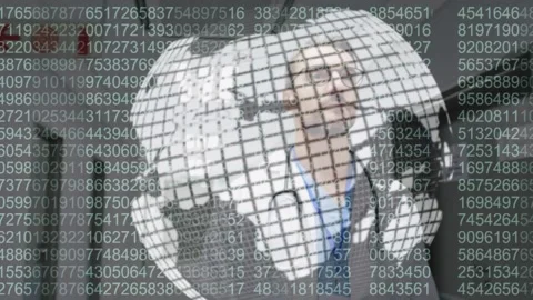 Spinning globe and binary coding over caucasian male doctor walking in hospital Stock Footage 327002696