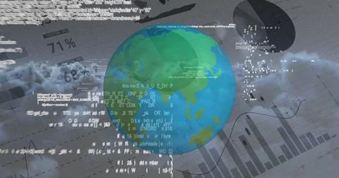 Spinning globe and data informations against financial data document 4k 库存照片