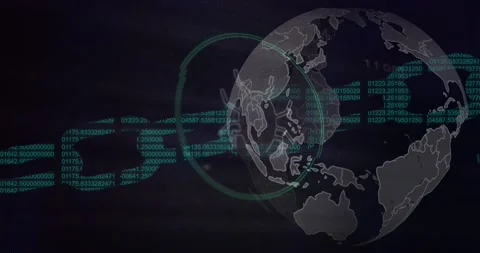 Spinning globe and microprocessor connections over security chain icon against Vídeo Stock 201402228