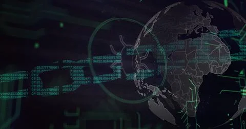 Spinning globe and microprocessor connections over security chain icon against Stock Photos