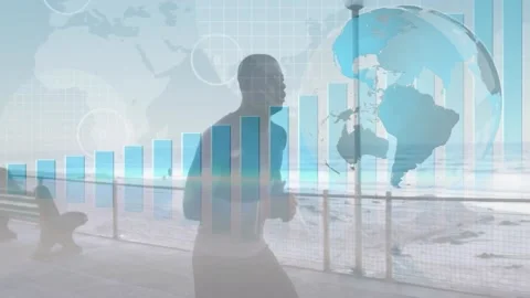 Spinning globe and statistical data processing over world map against african Stock Footage 158401929