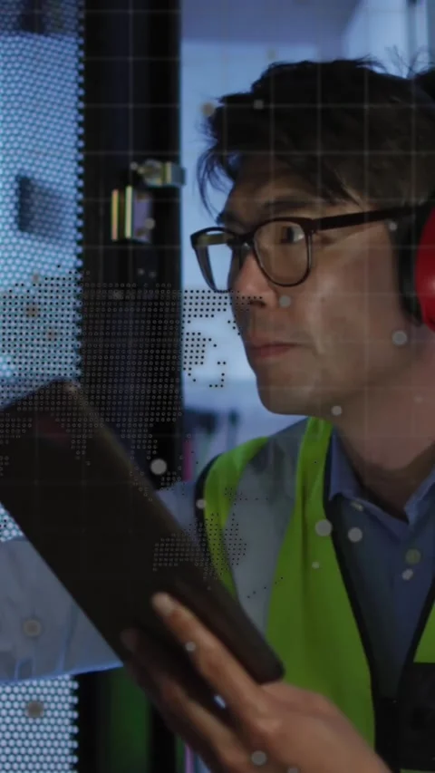 Spinning globe and world map against diverse male and female engineers working Stock Footage 344802957