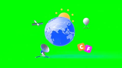 Spinning Globe With Continents Surrounded By Satellites, Weather Balloon, S.. Video stock 312665444