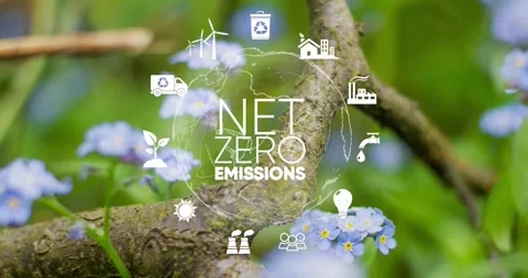 Spinning globe in green nature background with icons  Net zero emissions,env Stock Footage 242594448