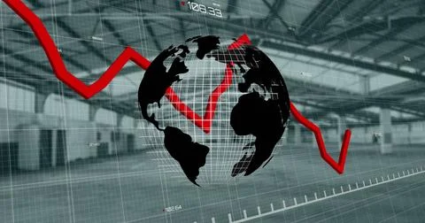 Spinning globe icon and red graph moving over financial data processinggain.. Foto stock