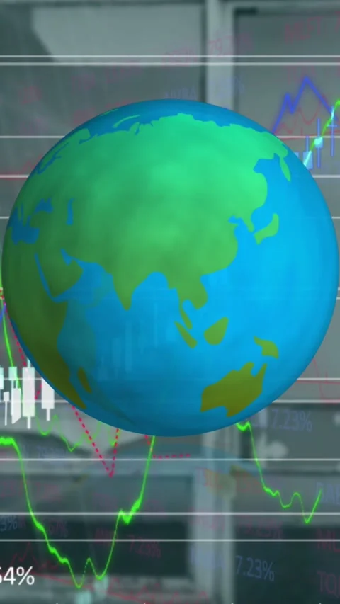 Spinning globe icon over stock market and financial data processing against Stock Footage 343902513