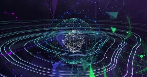 Spinning globe with network of connections over moving white lines Stock Illustration