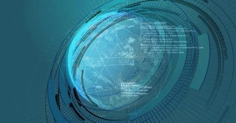Spinning globe showing hex grid, rings, radial guides, data bars and code in Illustrazione stock