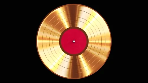 Spinning gold record with red label looping 3D animation with alpha Stock Footage 164398052