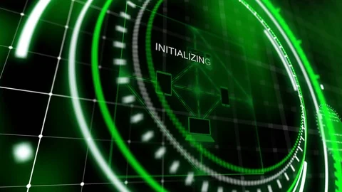 Spinning green head-up display with flowcharts Stock Footage 90379110