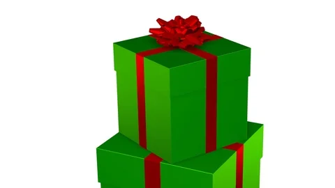 Spinning green presents with red ribbon and bow isolated over white 3d Stock Footage 98917455