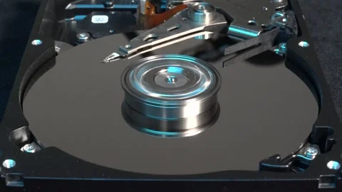 Spinning hard drive, close-up view, with light effects - startup and shutdow Stock-Footage 320837055