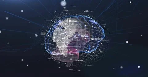 Spinning holographic globe with translucent wireframe, continent outlines, nodes Stock Illustration