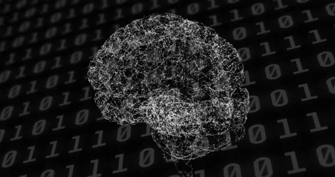 Spinning human brain against binary coding data processing on black background Stock Footage 150230656