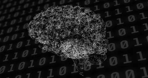 Spinning human brain against binary coding data processing on black background 스톡 일러스트