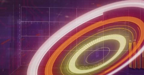 Spinning large ringed HUD target casting glowing arcs inside digital console, Stock Illustration