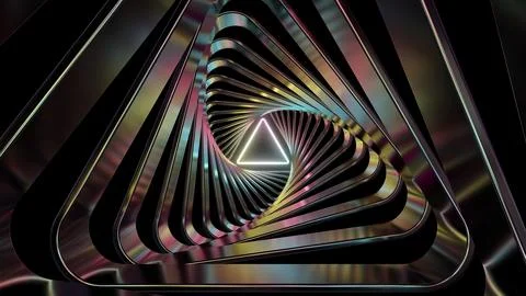Spinning Metallic Triangles Illuminated By Glowing Triangle Neon Core Illustrazione stock