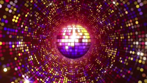 Spinning mirrored disco ball in glowing neon light tunnel Stock Footage 345009780
