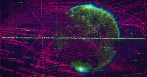 Spinning neon point-cloud globe showing data on virtual dashboard, with waveform Illustrazione stock