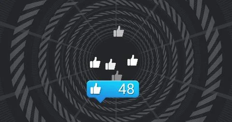 Spinning notification bubble showing thumbs-up icon and 48 in digital tunnel, Stock Illustration