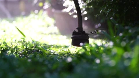 Spinning nylon string parallel to the grass-level slow-motion clip Video stock 205202160