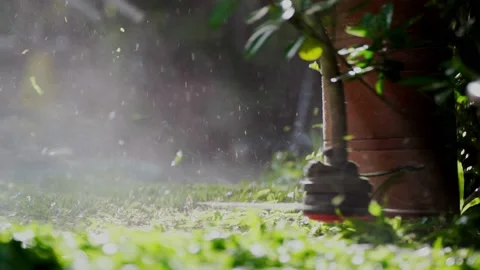 Spinning nylon string parallel to the grass-level slow-motion clip 스톡 동영상 205202312