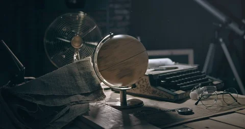 Spinning Old Vintage Globe Backlight. 1950s Scene Setup. Film or Movie Openin Stock Footage 114289612