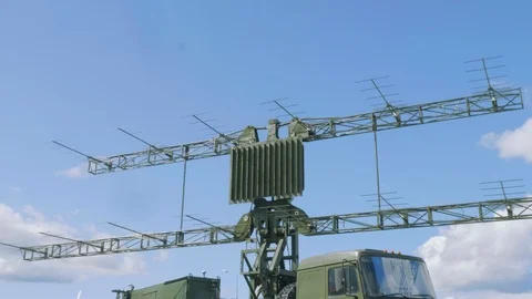 Spinning part of modernized mobile reconnaissance target resegnation radar with Stock Footage 99093965