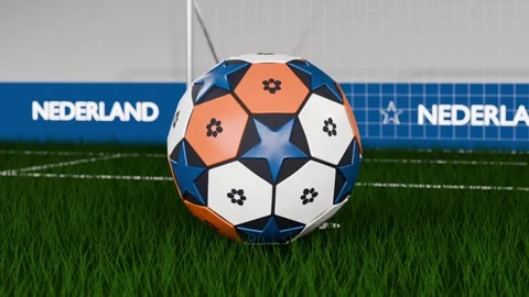 Spinning patterned soccer ball rolling onto synthetic turf near goal net, Stock Footage 333286145