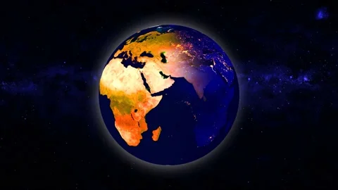 Spinning Planet Earth in night time with city lights in space Stock Footage 131445344