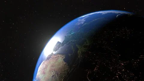 Spinning planet Earth. Space view. 3D render. Illustrazione stock