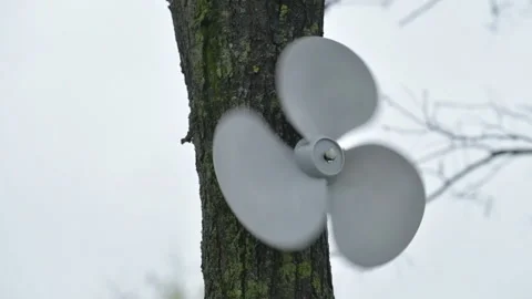 Spinning plastic propeller screwed to a tree 스톡 동영상 240434096