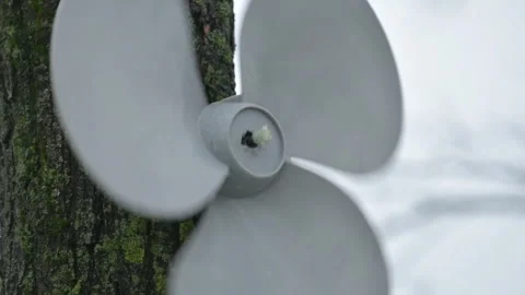 Spinning plastic propeller screwed to a tree 스톡 동영상 240434131