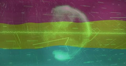 Spinning point cloud sphere over screen, featuring numeric labels, dotted lines 库存插图