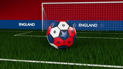 Spinning red white blue soccer ball descending onto penalty area grass, showing Stock Footage 333286133