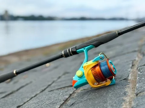 Spinning rod, lying on the background of a river or lake Stock Photos