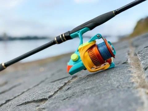 Spinning rod, lying on the background of a river or lake Stock Photos