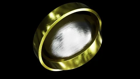Spinning scratched silver metallic sphere surrounded by satin gold rings Stock Footage 270073085