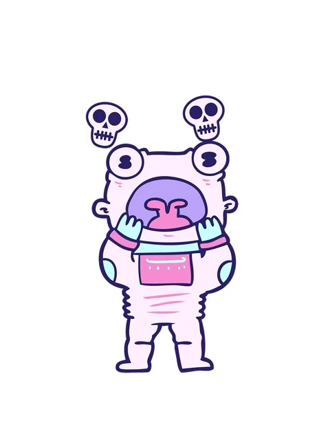 Spinning skulls animation of cartoon alien gasping in surprise Stock Footage 324292957