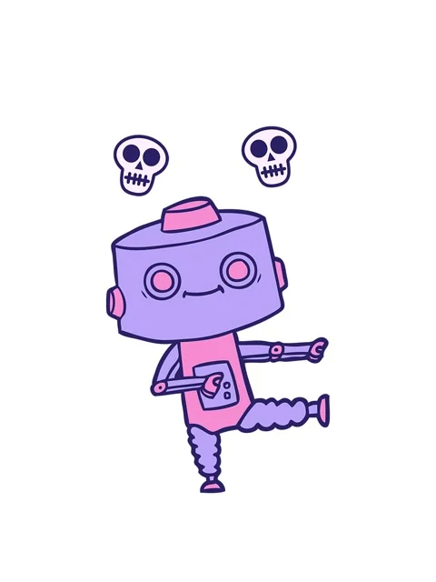 Spinning skulls animation of cartoon android character Stock Footage 324438188