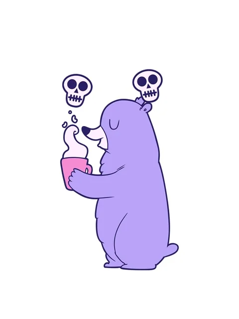Spinning skulls animation of cartoon bear with hot drink Video stock 324076672