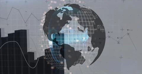 Spinning stylized globe drifting in digital abstract backdrop, with data-node Stock Photos