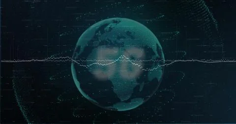 Spinning teal wireframe globe showing continents in data interface, with data イラスト素材
