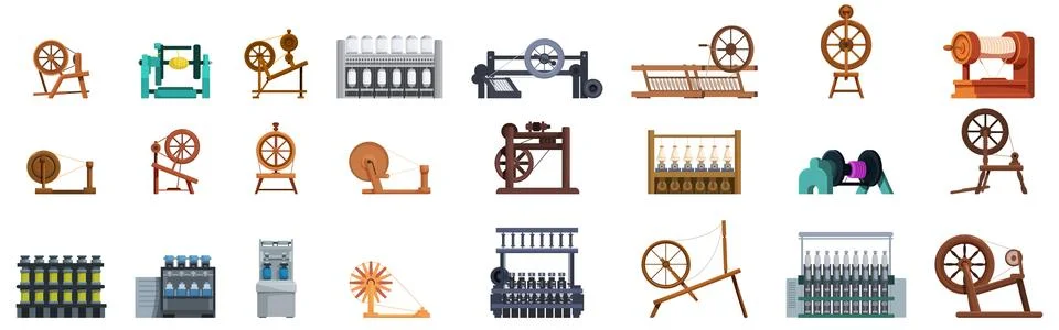 Spinning threads icons set. Spinning wheel and textile machinery transformi.. Stock Illustration